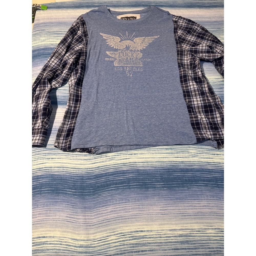 Upcycled Lucky Brand Flannel Hybrid Tee Blue Navy Plaid Eagle Graphic Mens L-XXL